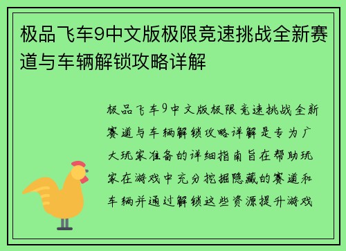 极品飞车9中文版极限竞速挑战全新赛道与车辆解锁攻略详解